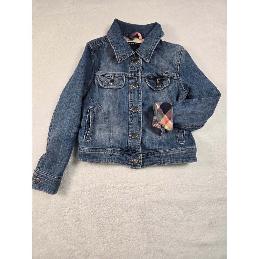 Tommy Hilfiger Girl Denim Trucker Jacket Medium Wash Plaid Lining Size S 6-7